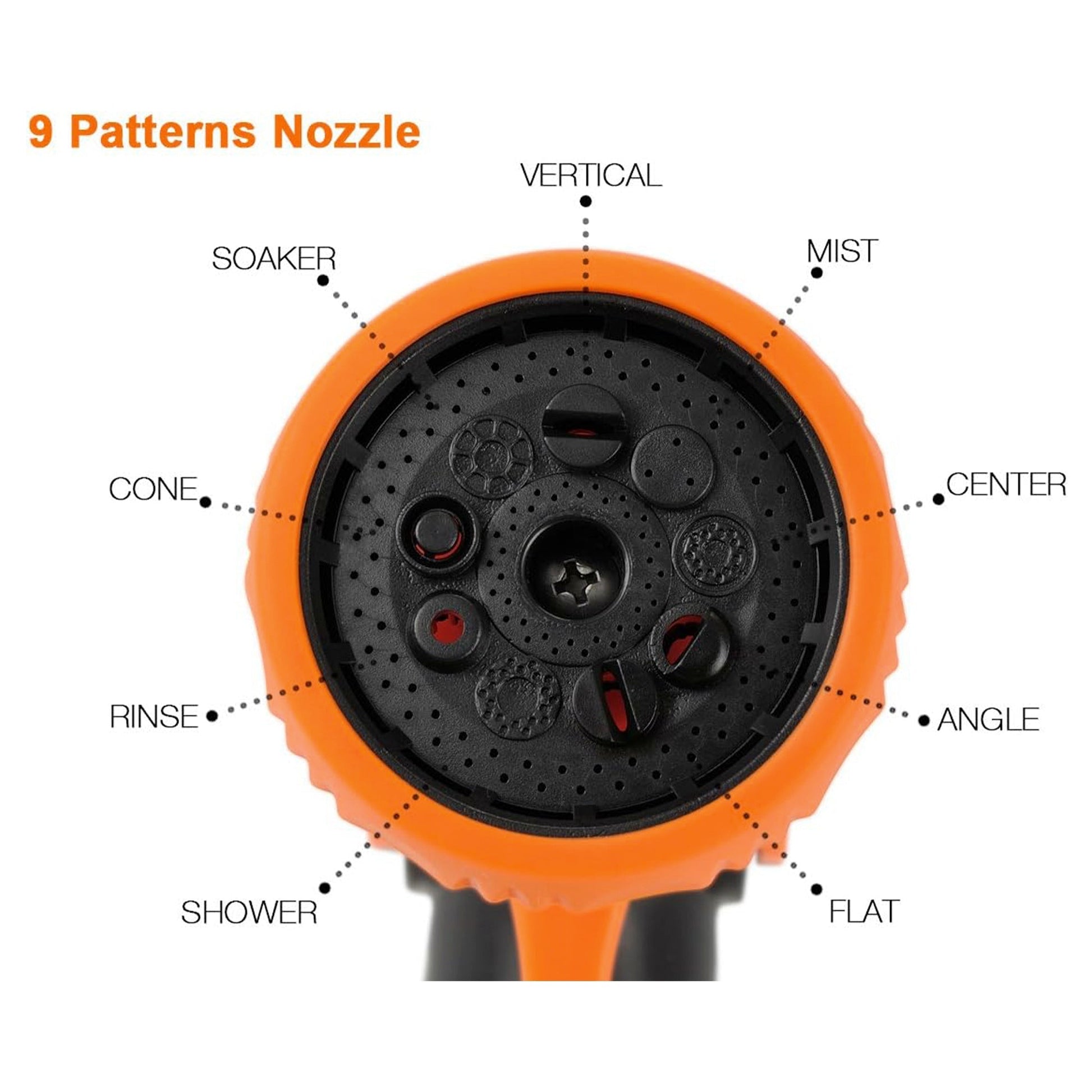 Giraffe Tools US garden hose nozzle with nine spray patterns, gardening accessory for watering and irrigation.