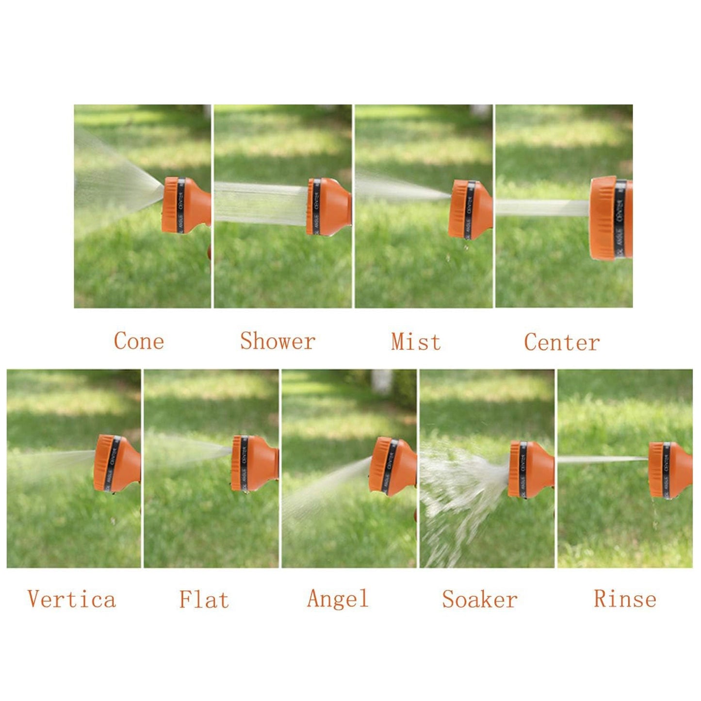 Giraffe Tools US garden hose nozzle with nine spray patterns for watering and gardening tasks.