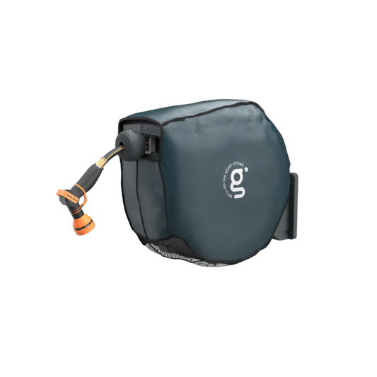Giraffe Tools US Hose Reel Cover for 90-ft retractable garden hose reel, protects and extends the reel outdoors.