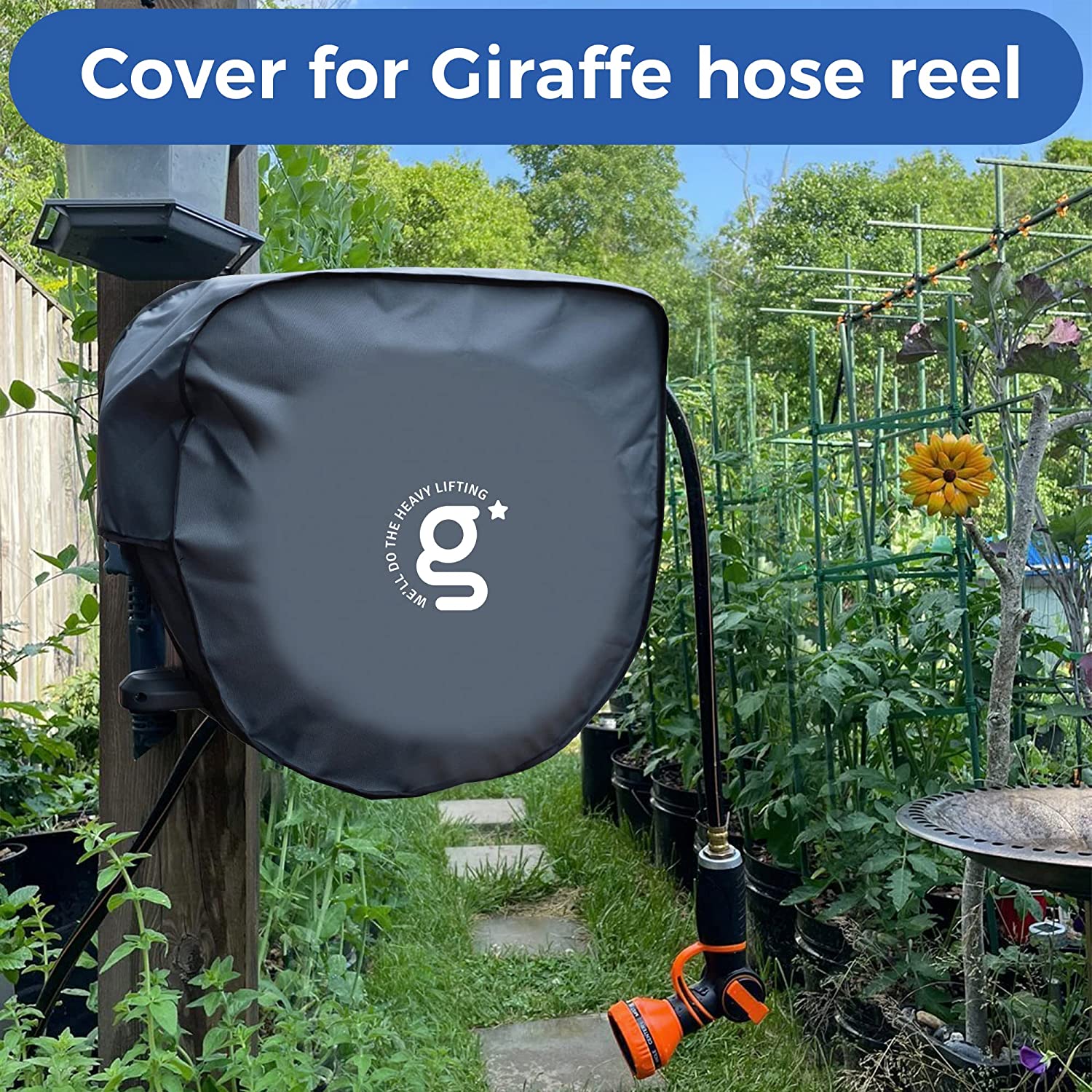 Giraffe Tools US garden hose reel cover fitting a 90-ft retractable hose reel, protects from weather and debris.
