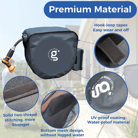 Giraffe Tools US hose reel cover for 90 ft retractable garden hoses, protects outdoor hose reels from weather damage.