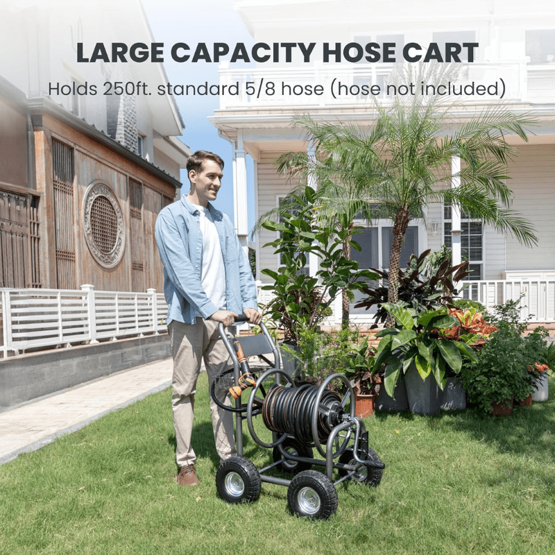 Heavy-duty Giraffe Tools US garden hose reel cart with 4 wheels and manual crank for easy hose storage and transport.