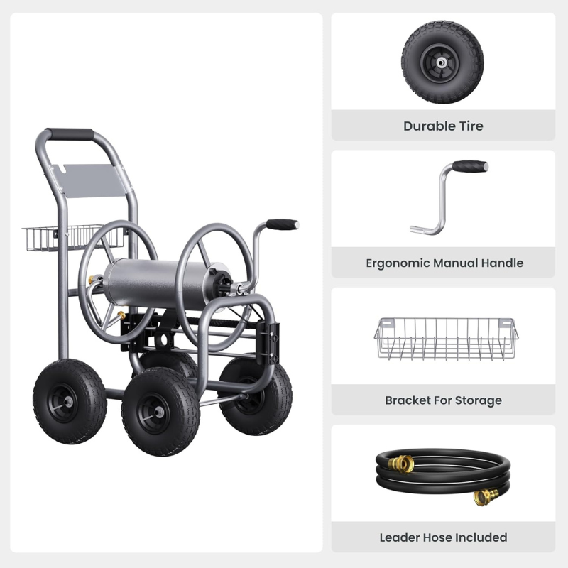 Heavy-duty Giraffe Tools US garden hose reel cart with four wheels and manual crank for easy hose storage and transport.