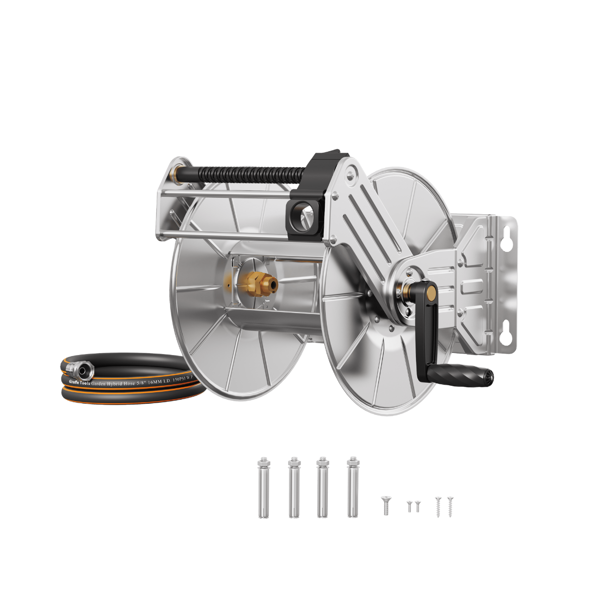 Wall-mounted stainless steel garden hose reel with manual crank, heavy-duty design by Giraffe Tools US.