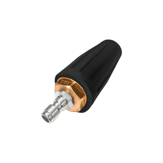 Giraffe Tools US pressure washer turbo nozzle attached to a hose for high-pressure cleaning.