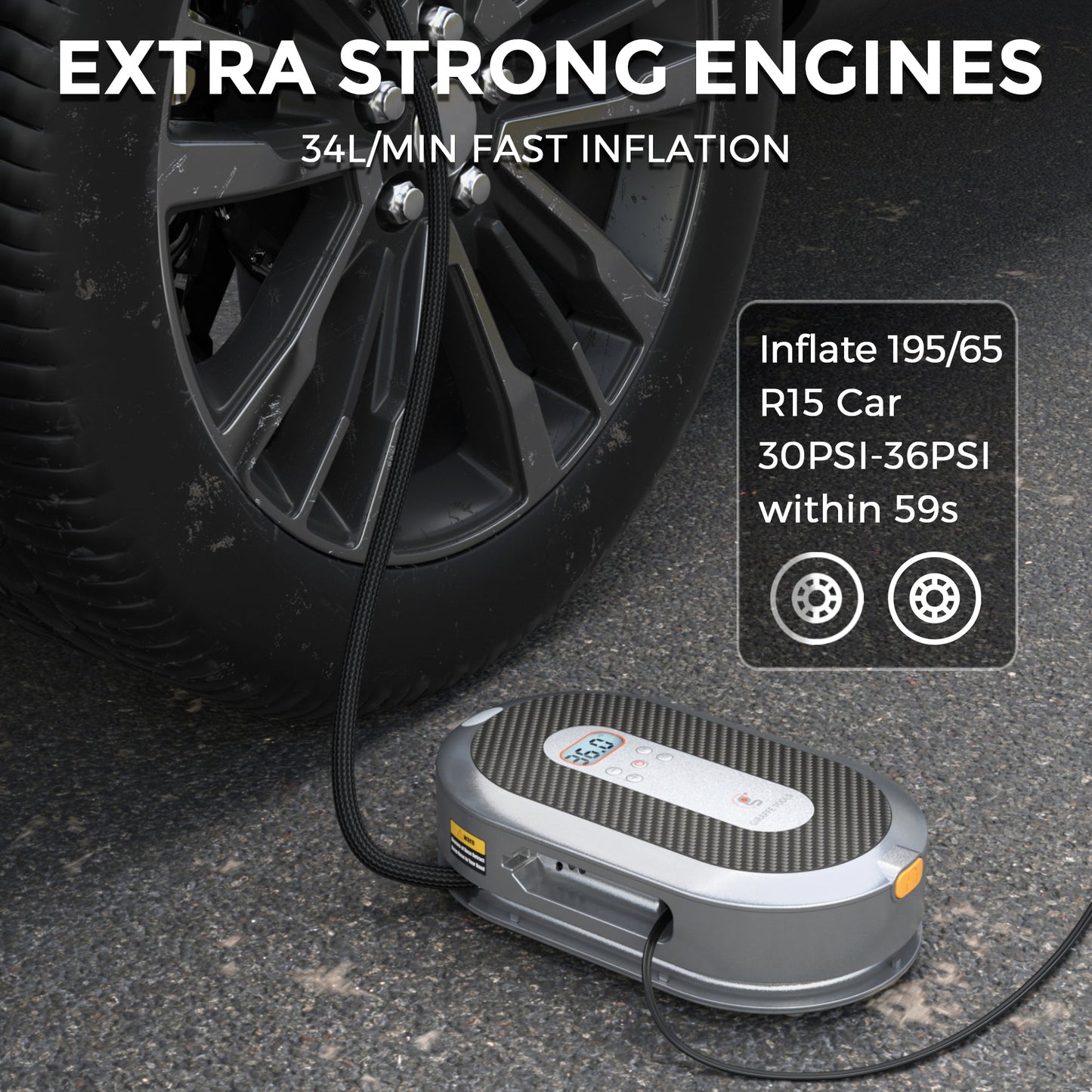 Giraffe Tools US retractable car tire inflator with compact air compressor for easy tire inflation and storage.