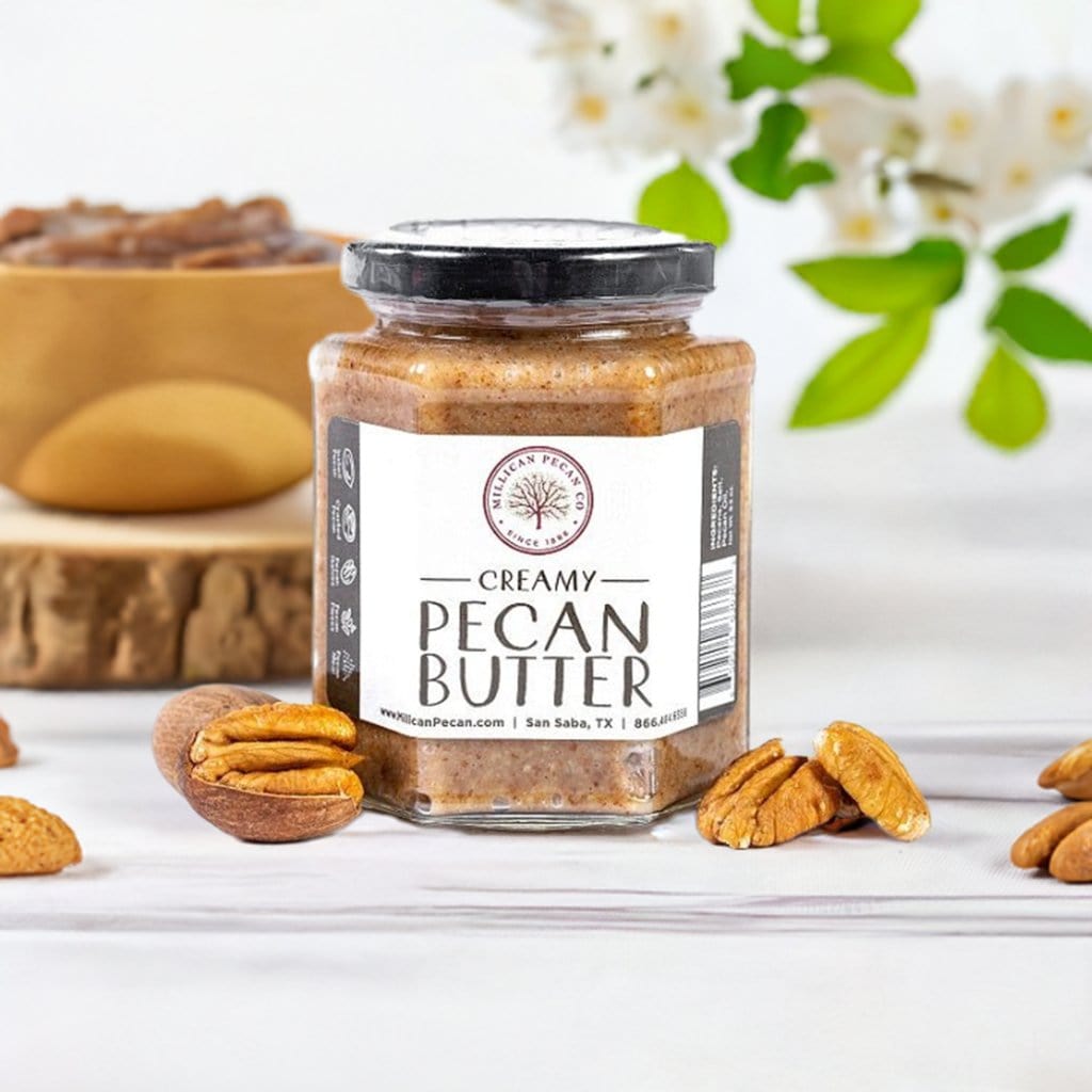 Creamy Pecan Butter by Millican Pecan in an 8.5oz jar, showcasing smooth, rich pecan spread with a natural, creamy texture.