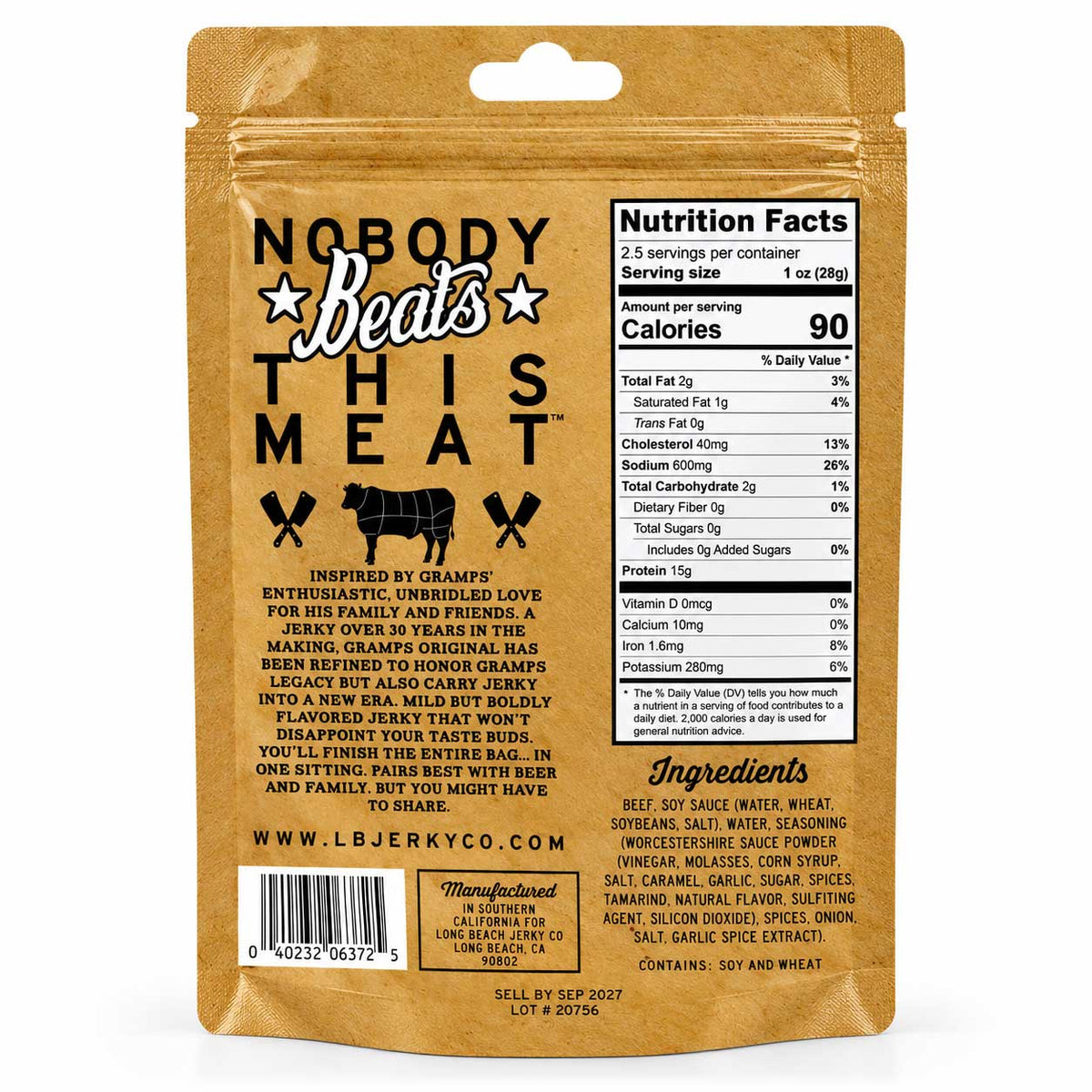 Gramps Original Flavor Beef Jerky 2.5 oz from BuyNebraska.com, showcasing chewy, seasoned beef jerky pieces in a resealable bag.