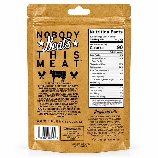 Gramps Original Flavor Beef Jerky 2.5 oz from BuyNebraska.com, showcasing chewy, seasoned beef jerky pieces in a resealable bag.