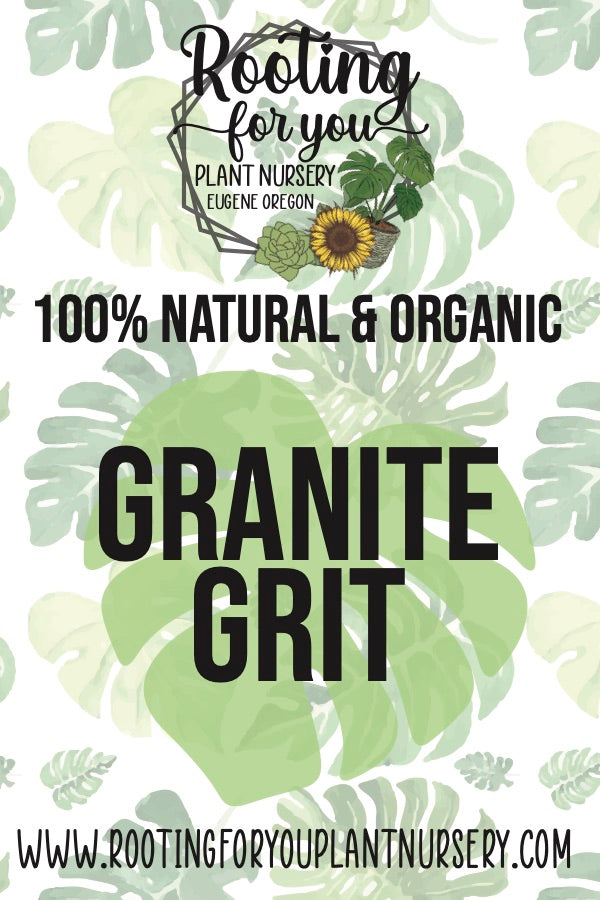 Organic granite grit soil amendment in 8oz resealable bag from Rooting For You Plant Nursery, shown in a 6x9x3 bag.