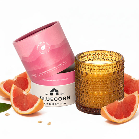 Bluecorn Candles Paloma Scented Candle in glassware, grapefruit aroma, decorative candle for home ambiance.