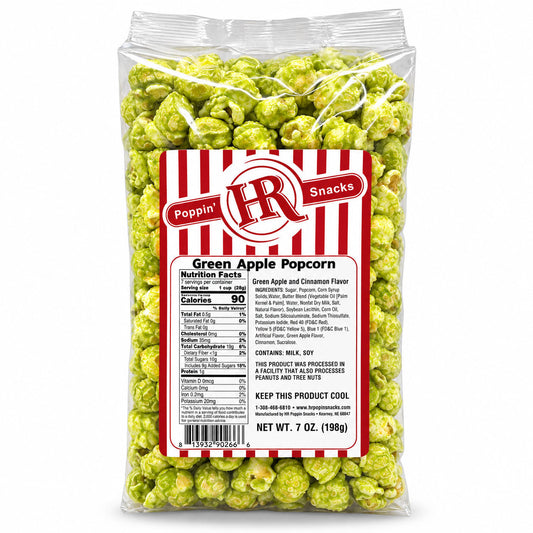 Green apple flavored popcorn by HR Poppin' Snacks in a 7 oz bag, featuring vibrant green popcorn with fresh apple flavor.