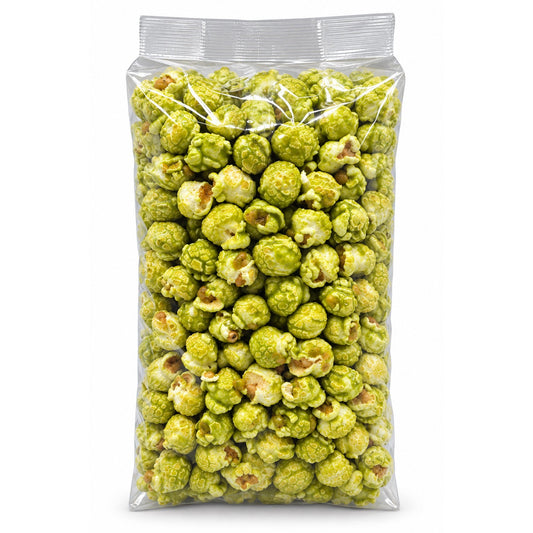 Back view of Green Apple flavored popcorn from HR Poppin' Snacks, 7 oz bag, showcasing bright green popcorn pieces.