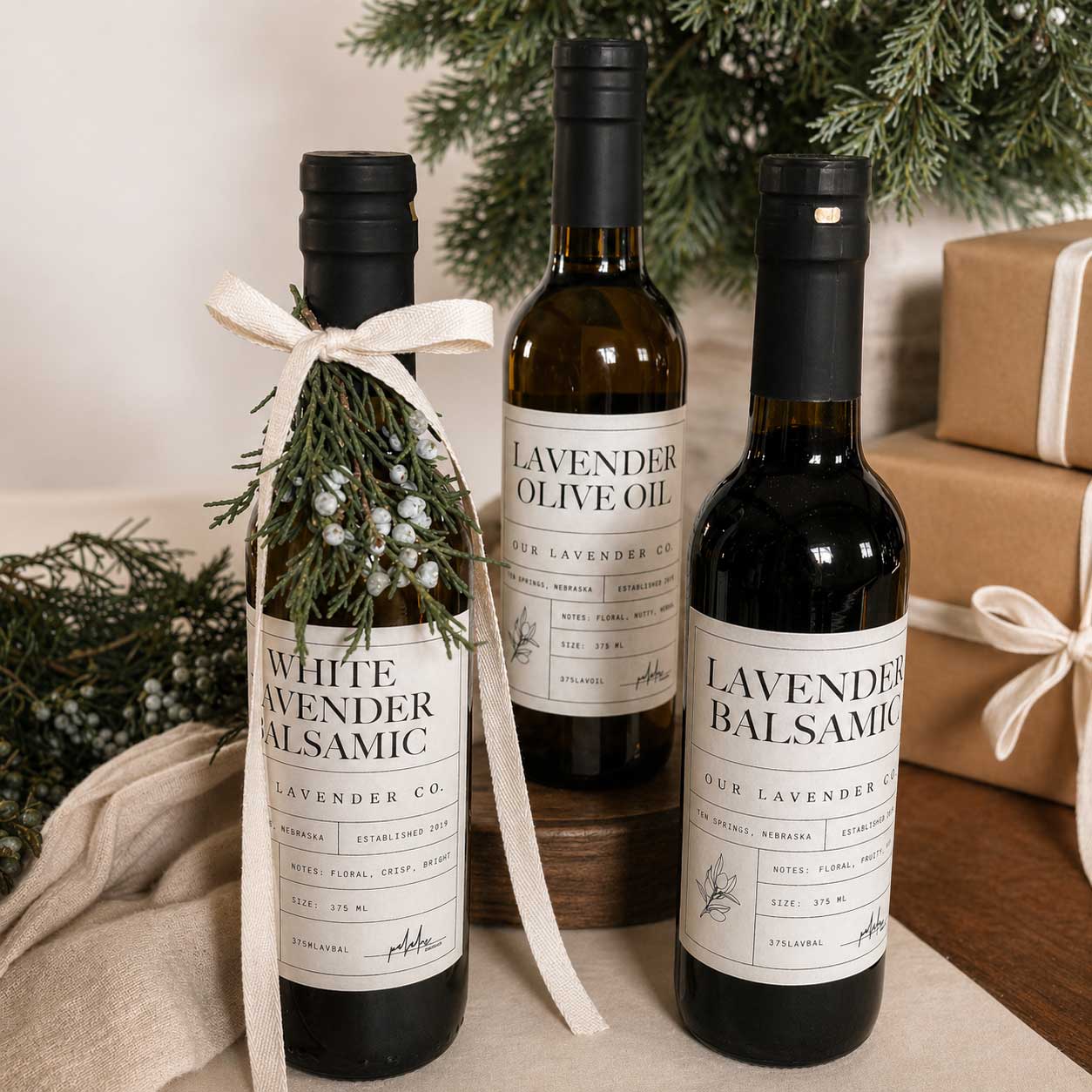 Lavender Balsamic Vinegar in a 12.7 oz bottle from Our Lavender Co, shown in a clear glass bottle with a label.