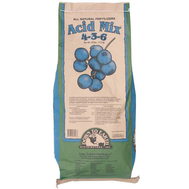 Grow Organic Acid Mix fertilizer 25 lb bag, a natural fertilizer for healthy plant growth and soil acidity management.