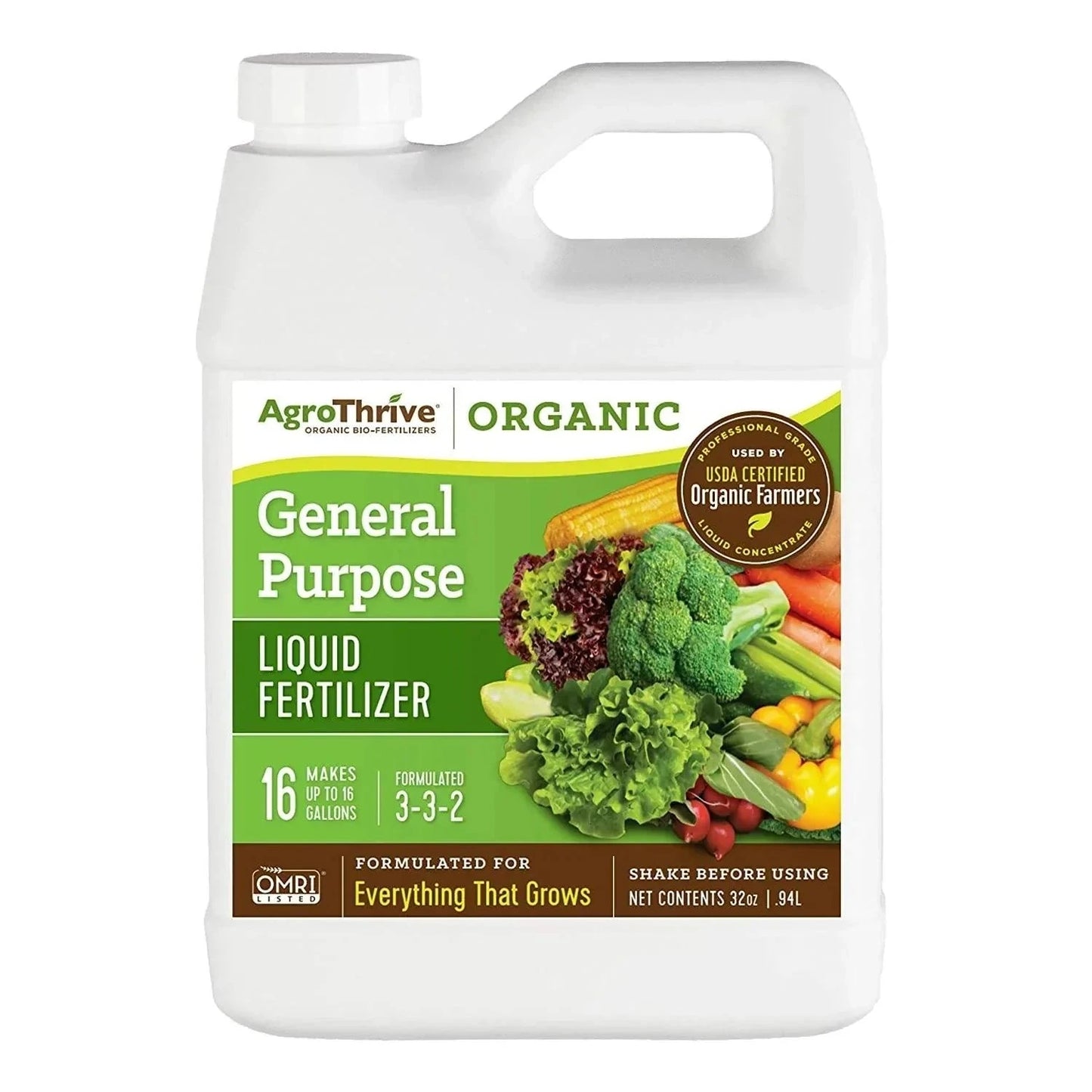 Grow Organic AgroThrive Organic General Purpose Fertilizer in a 1-gallon container, ideal for boosting plant growth and health.