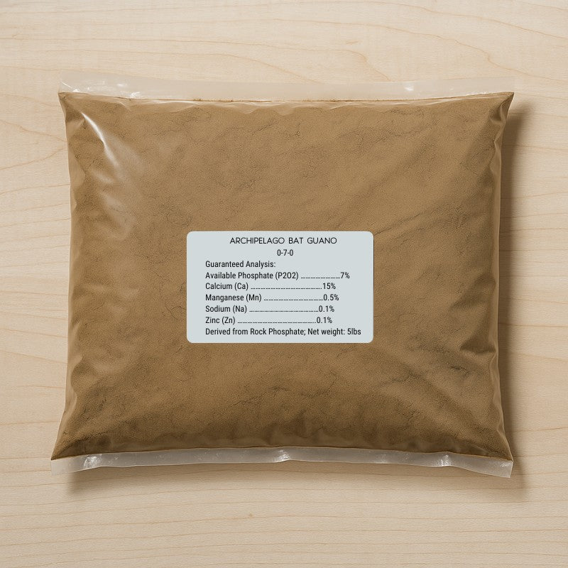 Grow Organic Archipelago Bat Guano 0-7-0 fertilizer bag, 5 lb, natural organic fertilizer for healthy plant growth and soil enrichment.