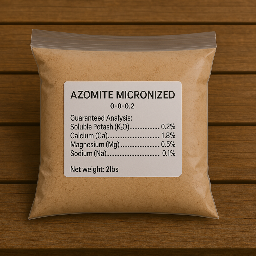 Micronized Azomite fertilizer by Grow Organic, 2 lb bag, showing the granular mineral supplement for soil enrichment.
