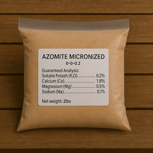 Micronized Azomite fertilizer by Grow Organic, 2 lb bag, showing the granular mineral supplement for soil enrichment.