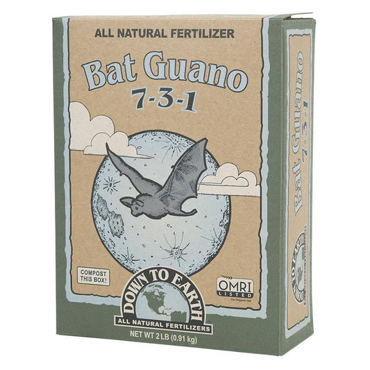 Grow Organic Bat Guano Hi N 7-3-1 fertilizer bag, natural organic fertilizer for plants, 2 lb bag of nutrient-rich bat droppings.