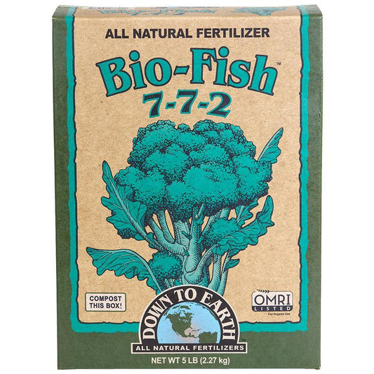 Grow Organic Bio-Fish All Purpose Fertilizer 7-7-2, 5 lb bag, showing the organic fertilizer with fish-based nutrients.