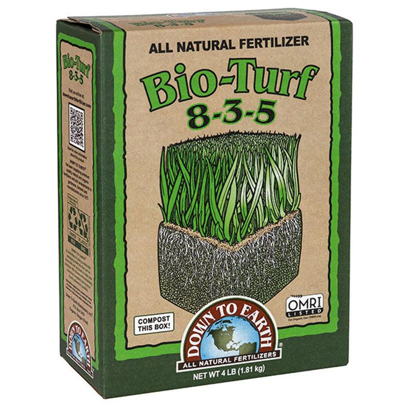 Grow Organic Bio-Turf 8-3-5 fertilizer in a 4 lb box, designed for lawn and turf nutrient enhancement.