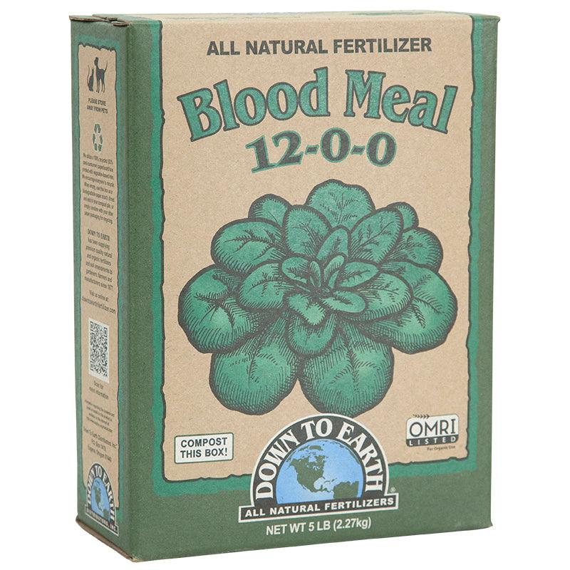 Grow Organic Blood Meal 12-0-0 fertilizer in a 5 lb box, rich nitrogen source for organic gardening and plant growth.