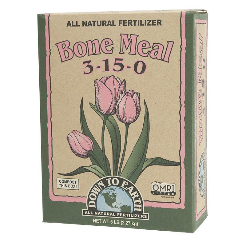 Grow Organic Bone Meal 3-15-0 fertilizer in a 5 lb box, rich in phosphorus for healthy plant growth and root development.