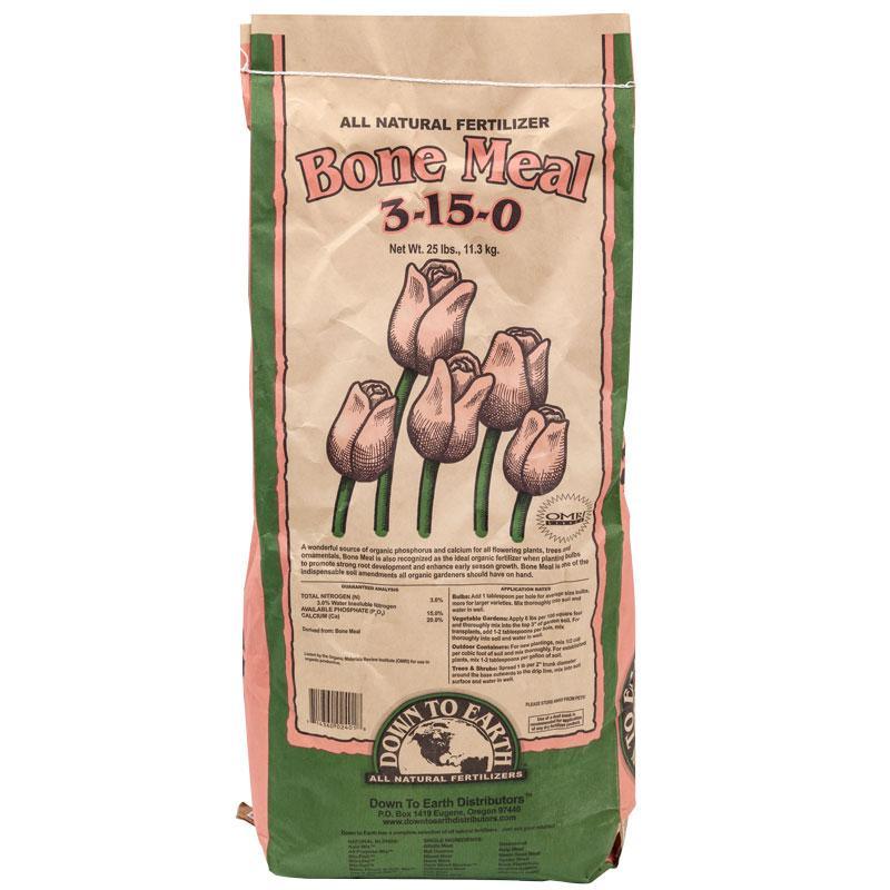Grow Organic steamed bone meal fertilizer 3-15-0, 25 lb bag, natural plant supplement for healthy root growth and soil enrichment.