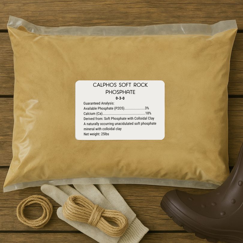 Grow Organic Calphos Soft Rock Phosphate fertilizer in 25 lb bag, natural mineral supplement for healthy plant growth.