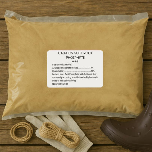 Grow Organic Calphos Soft Rock Phosphate fertilizer in 25 lb bag, natural mineral supplement for healthy plant growth.