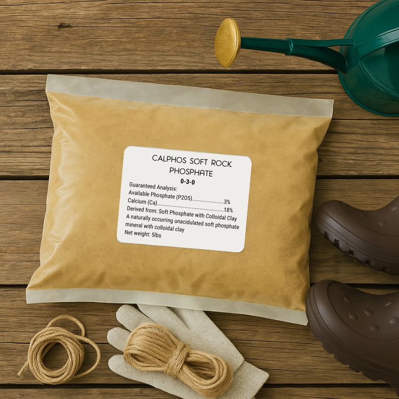 Grow Organic Calphos Soft Rock Phosphate fertilizer in a 5 lb bag, natural mineral supplement for healthy plant growth.