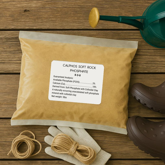 Grow Organic Calphos Soft Rock Phosphate fertilizer in a 5 lb bag, natural mineral supplement for healthy plant growth.