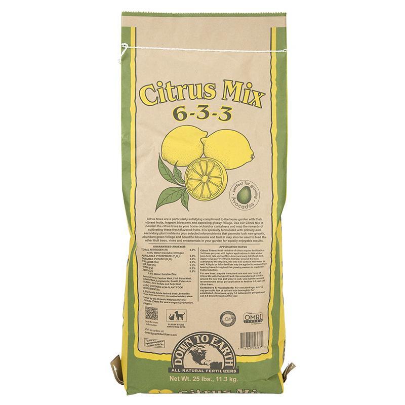 Grow Organic Citrus Mix Fertilizer 6-3-3 25 lb bag, organic fertilizer for citrus trees, with a clear label displaying product details.