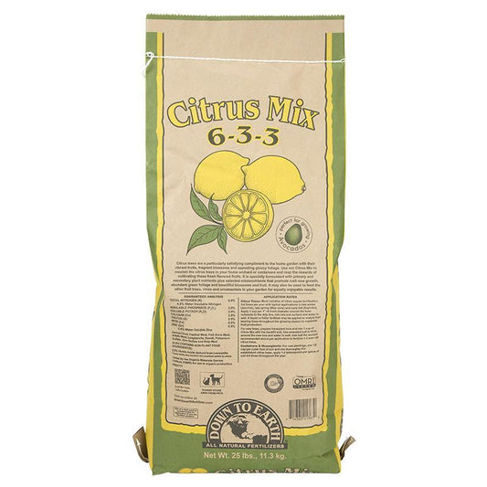 Grow Organic Citrus Mix Fertilizer 6-3-3 25 lb bag, organic fertilizer for citrus trees, with a clear label displaying product details.