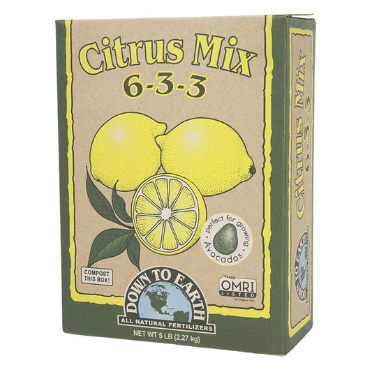 Grow Organic Citrus Mix Fertilizer 6-3-3 in a 5 lb bag, showing the fertilizer bag with citrus fruits and plants in the background.