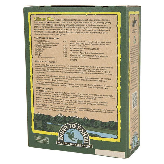 Grow Organic Citrus Mix Fertilizer 6-3-3 in a 5 lb bag, designed for healthy citrus tree growth and nutrient-rich soil.