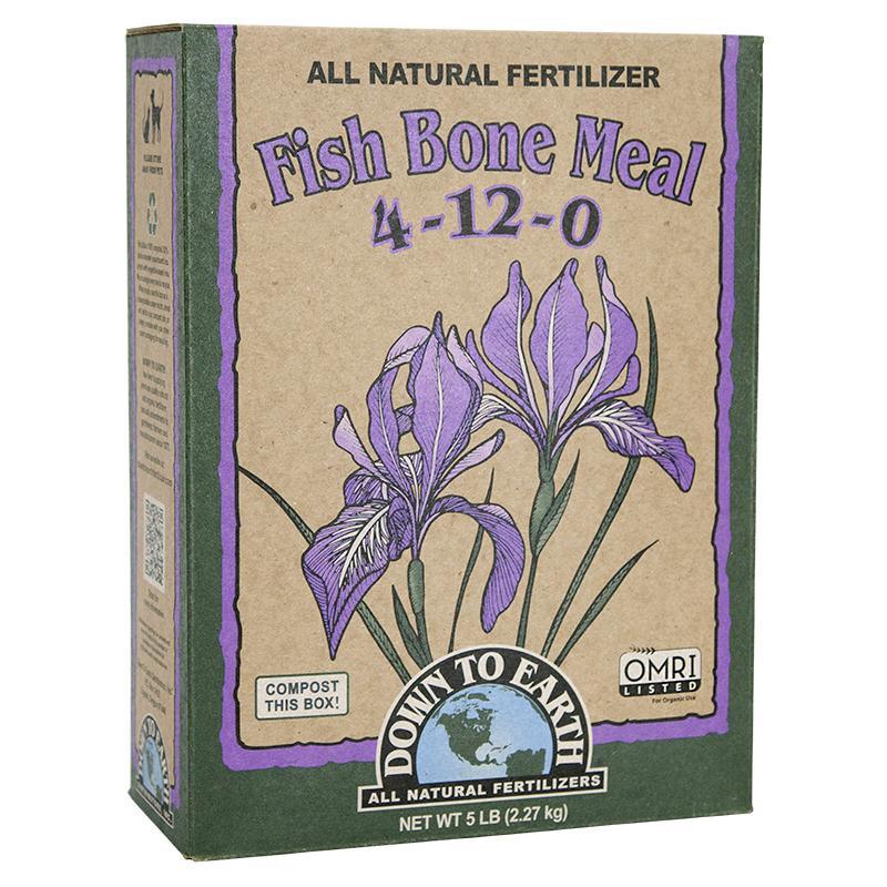 Grow Organic Fish Bone Meal 4-12-0 fertilizer in a 5 lb bag, showing the product packaging with label and branding.