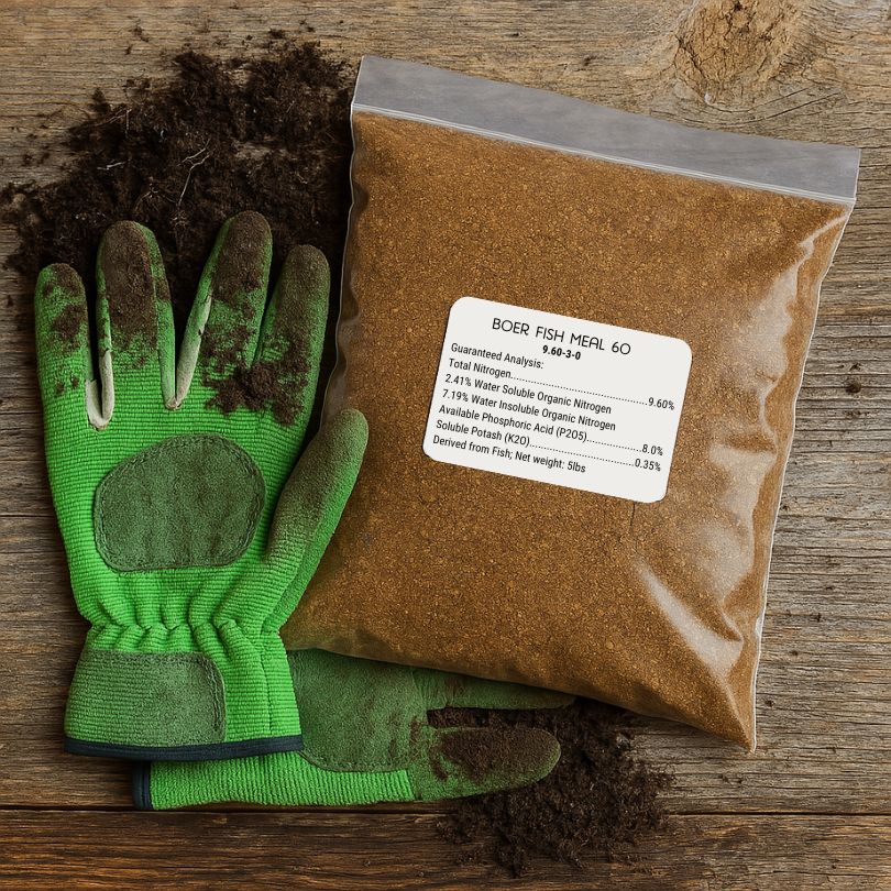 Grow Organic Fish Meal fertilizer in a 5 lb bag, nutrient-rich organic fertilizer for healthy plant growth.