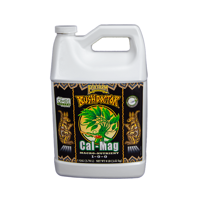 Grow Organic FoxFarm Cal-Mag fertilizer gallon bottle, showing the label and product container for plant nutrient supplement.