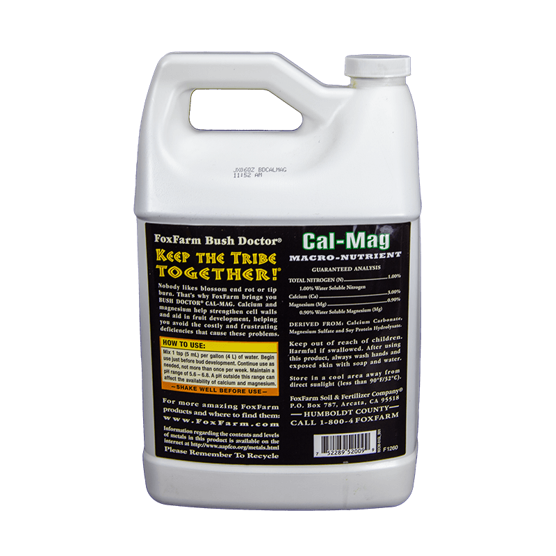 Grow Organic FoxFarm Cal-Mag fertilizer bottle, 1-gallon size, with label showing nutrient details and branding.