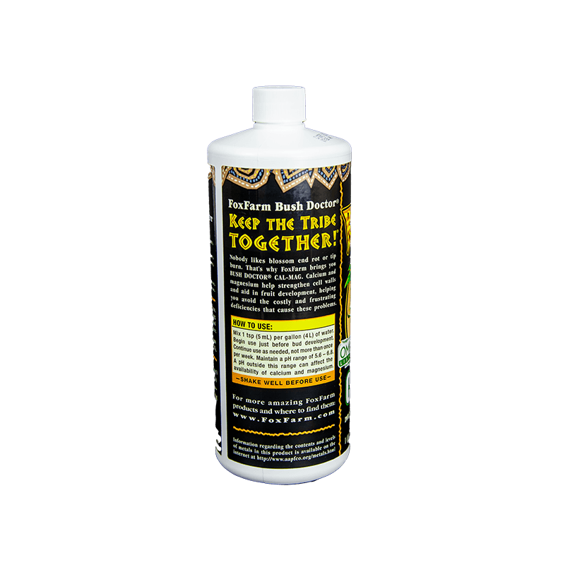 FoxFarm Cal-Mag fertilizer bottle from Grow Organic, 1 quart size, with label showing product details and branding.