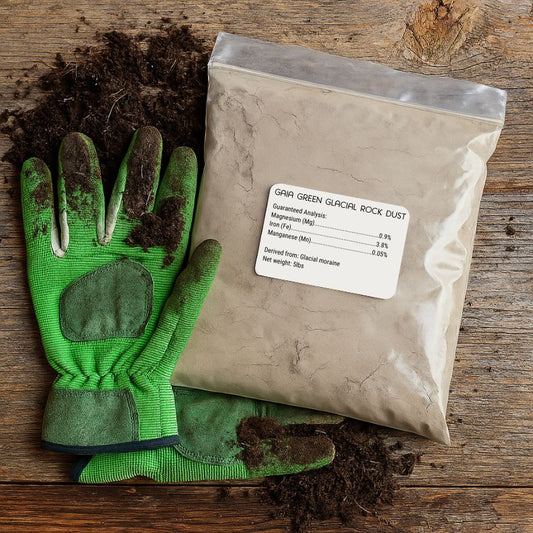 Grow Organic Gaia Green Glacial Rock Dust fertilizer, 5 lb bag, natural mineral supplement for healthy plant growth.