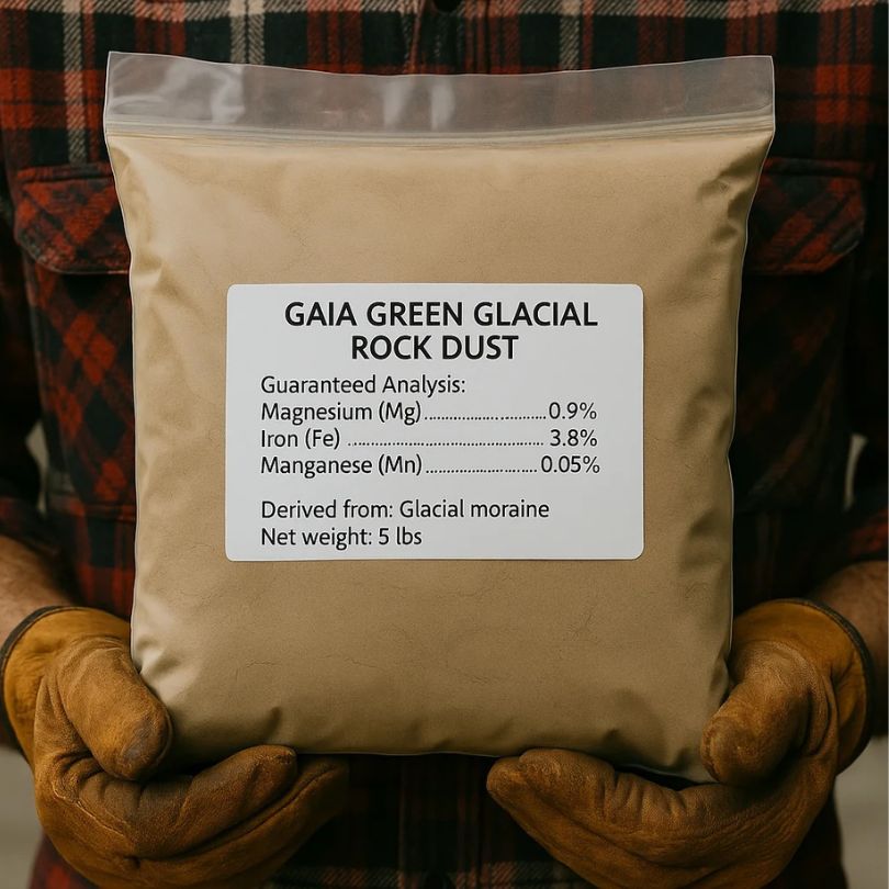 Grow Organic Gaia Green Glacial Rock Dust fertilizer in a 5 lb bag, showing the product packaging and branding.