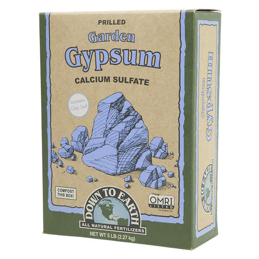 Grow Organic Garden Gypsum Prilled fertilizer in a 5 lb box, used to improve soil structure and promote healthy plant growth.