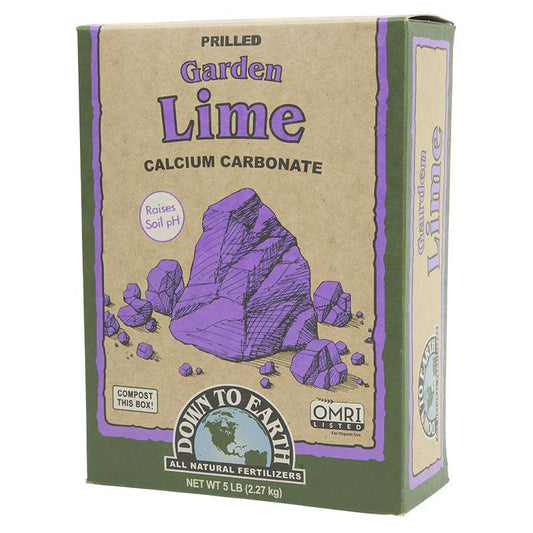 Grow Organic Garden Lime Prilled fertilizer in a 5 lb box, granular soil amendment for pH balancing and garden soil improvement.