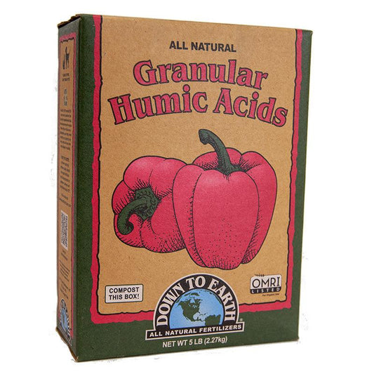 Granular Humic Acids fertilizer from Grow Organic in a 5 lb box, natural soil enhancer and organic fertilizer supplement
