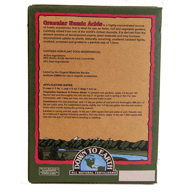 Granular Humic Acids fertilizer in a 5 lb box by Grow Organic, used to enrich soil and promote plant growth.