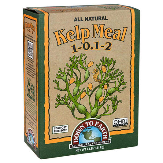 Grow Organic Kelp Meal 1-0-1-2 fertilizer in a 4 lb box, rich in nutrients for plant growth and soil health.