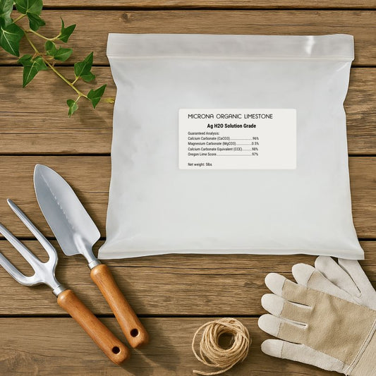 Grow Organic Limestone Microna Ag H2O fertilizer bag, 5 lb, organic soil amendment containing limestone for plant health.